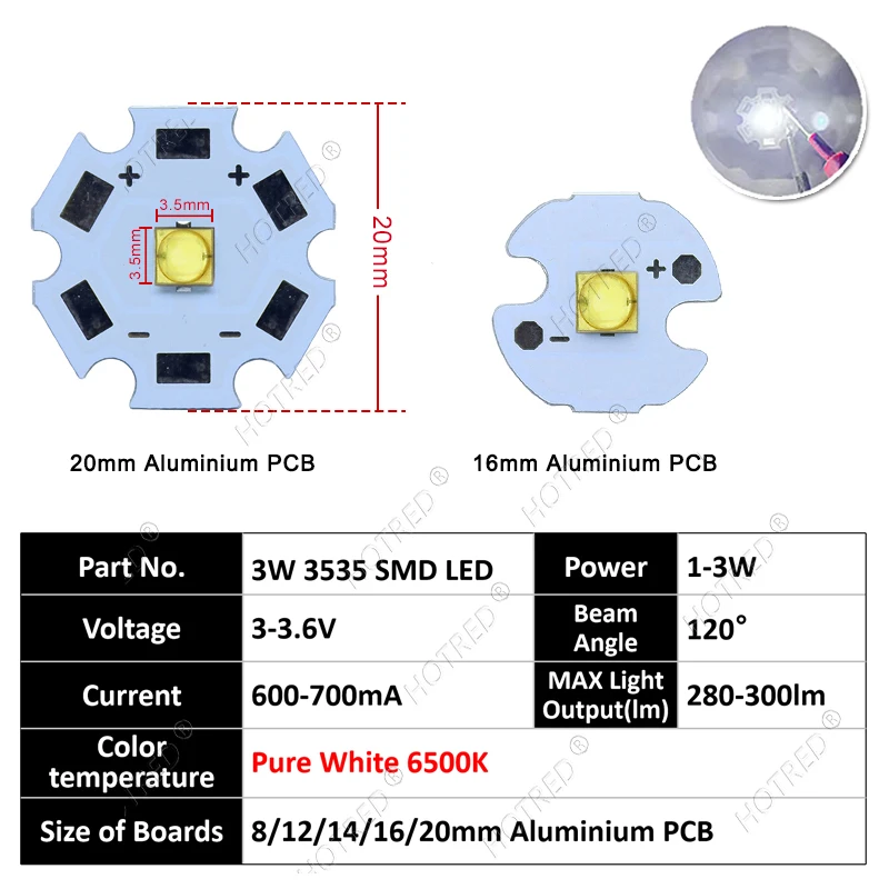 50pcs High Power LED 3W 3535 Chip SMD Cold Warm Neutral White 6500K 3000K 4500K With 20/16/14/8mm PCB Board for Flashlight Lamp