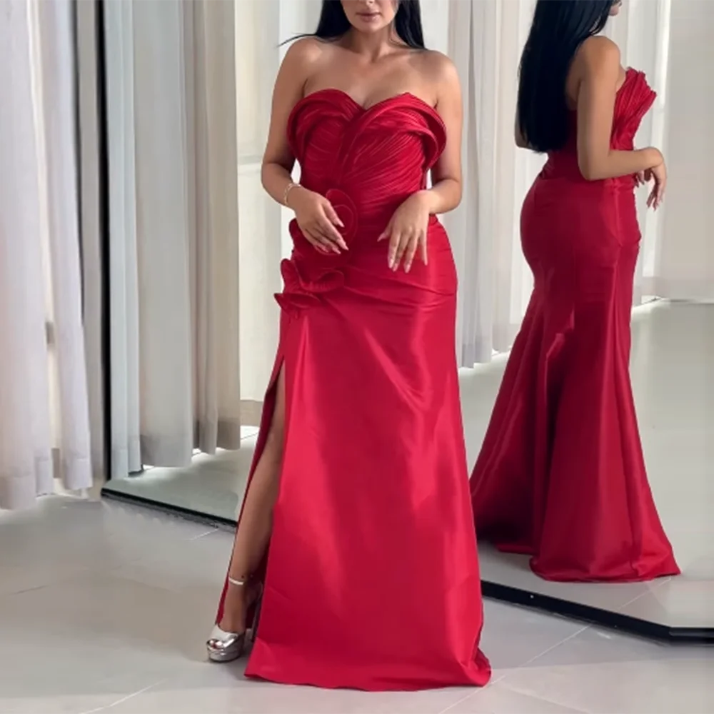 

Customized Strapless Formal Evening Dresses Backless Pleat Ruffles Side High Slit mermaid Prom Gown Sweep Train Long Party Dress