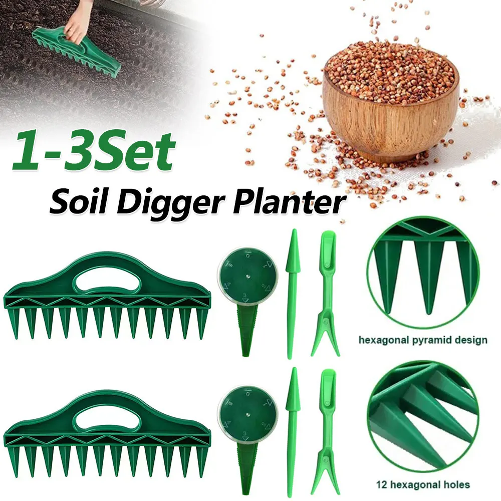 1-3Set 12 Holes Soil Digger Planter with Seedling Extractor Garden Seed Spacer Tool Garden Seeder Seeding Puncher for Garden