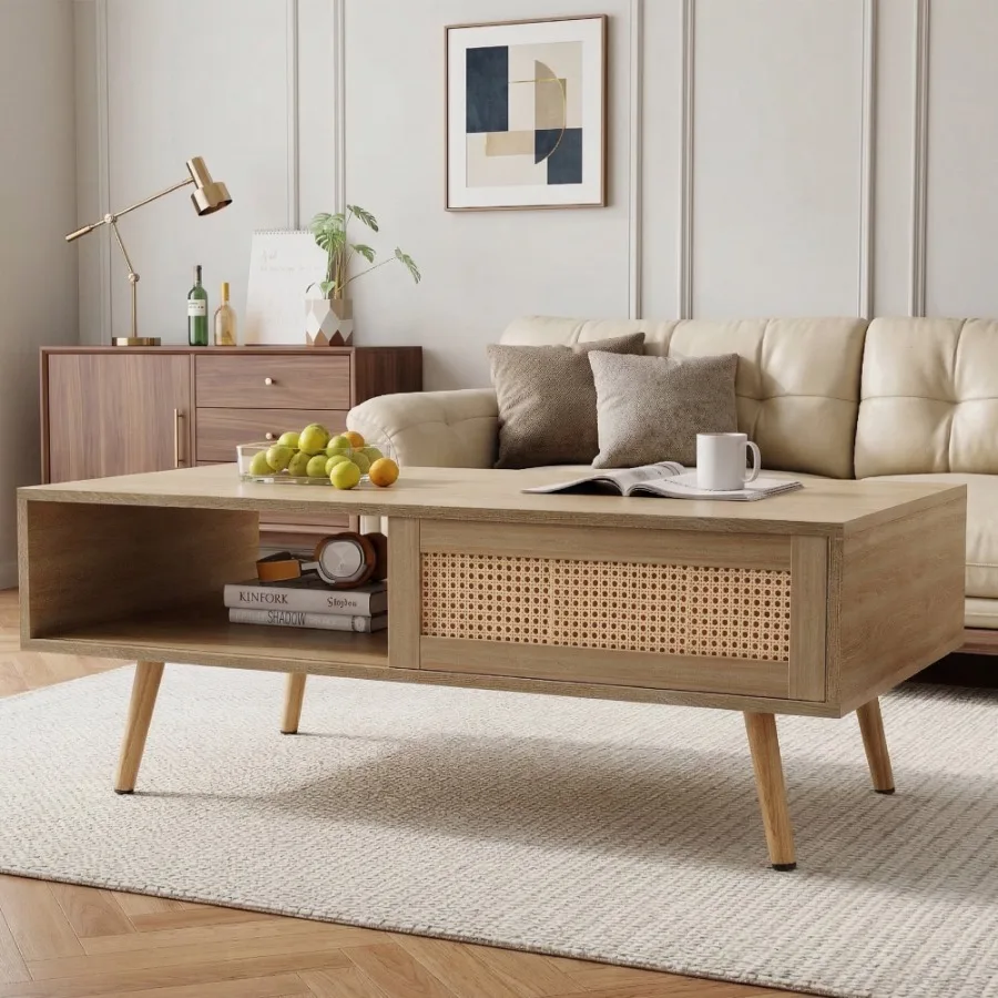 

Modern Coffee Table with Storage 41.3 Inch Rectangle Wooden Accent Center Tables with Sliding PE Rattan Woven Door Panel and So