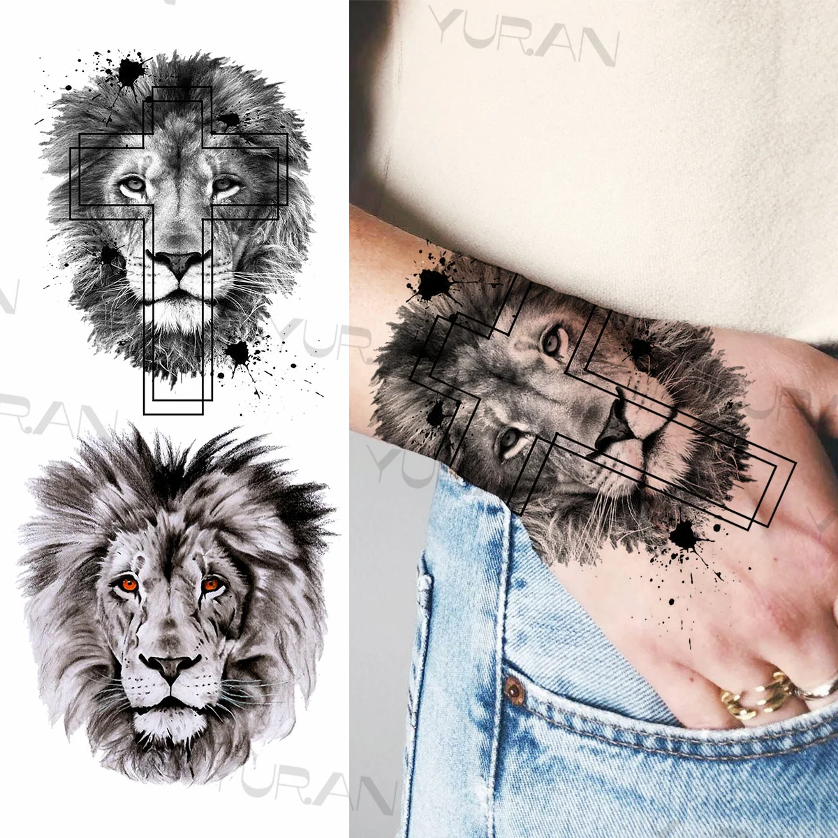 Black Lion Temporary Tattoos For Women Men Realistic Tiger Geometric Rose Flower Fake Tattoo Sticker Arm Body Tatoos Armband