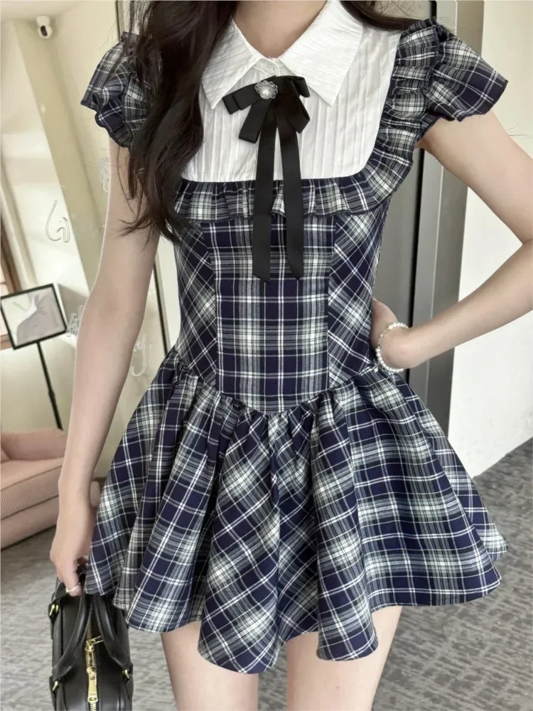 Short Dresses for Women High Waist A-line Preppy Style Korean Fashion Frock Patchwork Summer One Piece Vestido Elegant Plaid Y2K