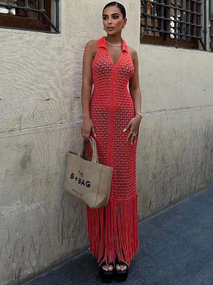 Kliou Gebreide Sexy Vrouwen Maxi Jurken Mode Prachtige Panelen Revers Lage Hals Mouwloos Kwastje Schede Lange Gewaad Mujer Clubwear