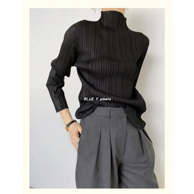 

Autumn Pleated Women's Long Sleeve Tops Fashion Shirt New High Neck Comfortable Causal Leisure Solid Women's Streetwear