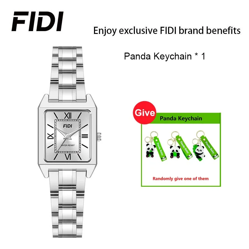 

FIDI Square Silver Steel Ladies Quartz Watch Roman Dial Waterproof Women Wristwatch Free Panda Keychain Gift Random Style