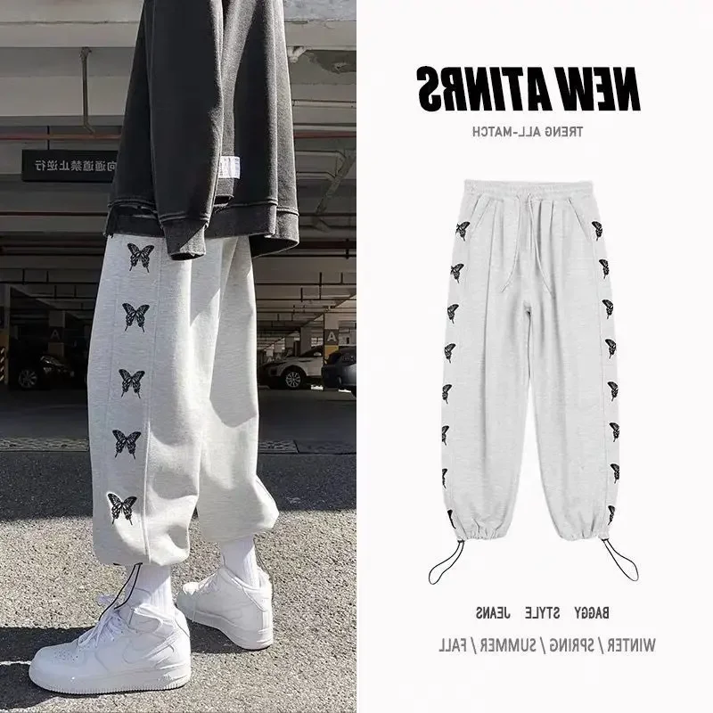 Pants Men\'s Spring Autumn Korean Style Trendy Loose Versatile Ankle-Banded Pants Summer Exercise Casual Butterfly Pattern Pants