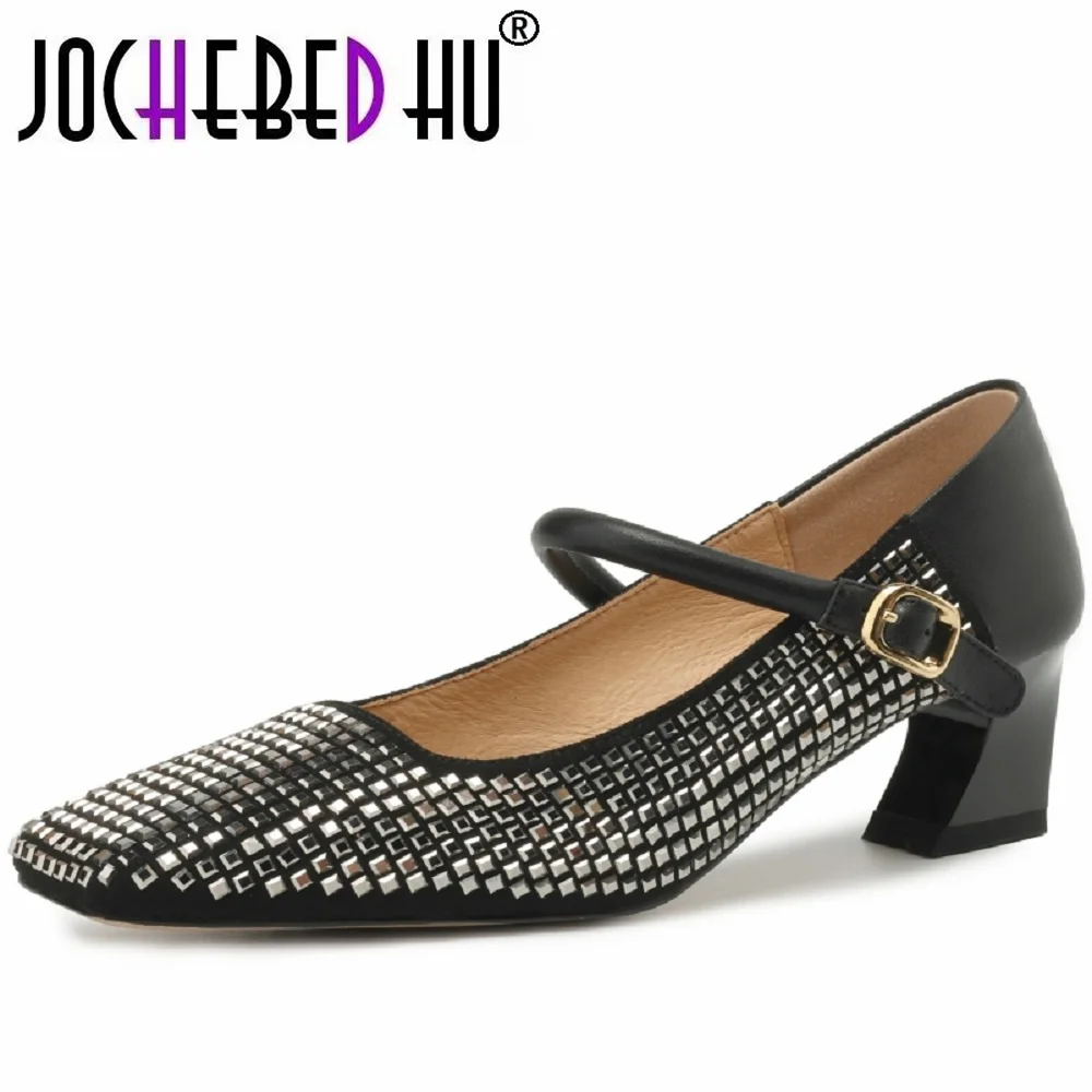 

【JOCHEBED HU】Women sexy crystal Drill mary janes shoes Genuine leather mid heels elegant lady party pumps plus size 34-43