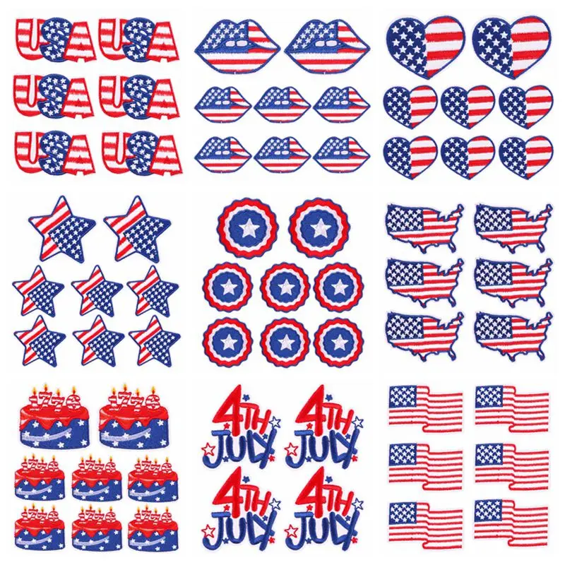 10PCS Wholesale USA Independence Day Patch Iron On Patches On Clothes DIY Stars Flag Cake Embroidered Patches For Clothing Badge