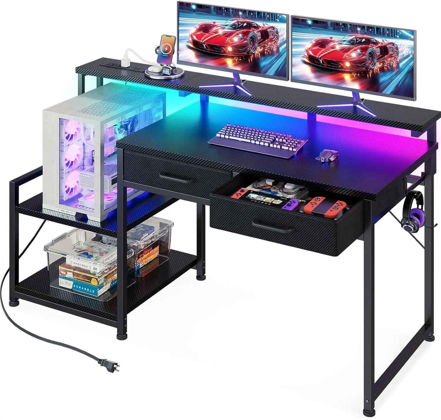 

Gaming Desk with Led Lights & Power Outlet, 48 Inch Computer Desk with Drawers, Office Desk with Large Display Storage Shelves