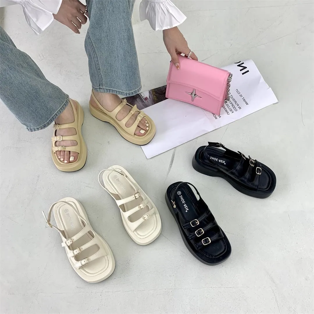 

Comfort Shoes for Women 2024 Summer Square Toe Beach Sandals Buckle Clogs With Heel Suit Female Beige Open Retro Spring Girls Lo