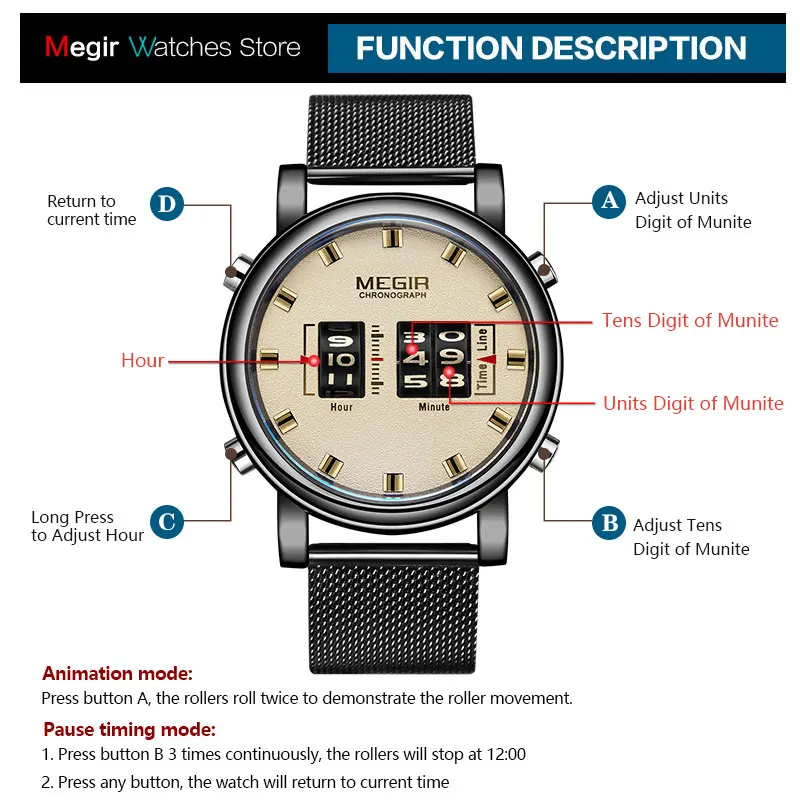 MEGIR 2137 Relojes Para Hombres Watches Men Military Sport Brown Leather Quartz Wrist Watch Luxury Drum Roller Relogio Masculino