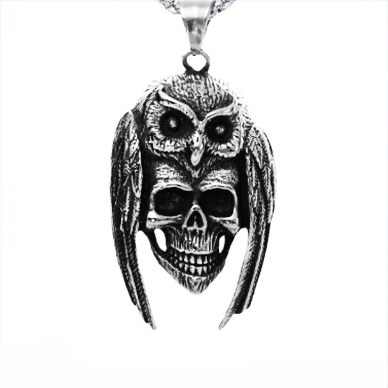 

CHUANGCHENG Stainless Steel Indian Biker Owl Skull Pendant Men's Necklace Chain Jewelry Accessories