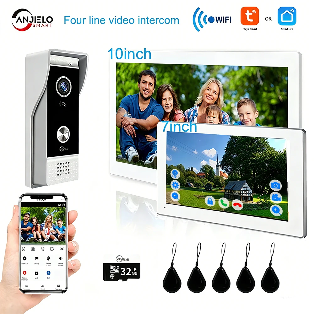 Nuevo TUYA 7/10 pulgadas WiFi 1080P sistema de cuatro cables videoportero aplicación de hogar inteligente videoportero inalámbrico sistema de Control de acceso RFID