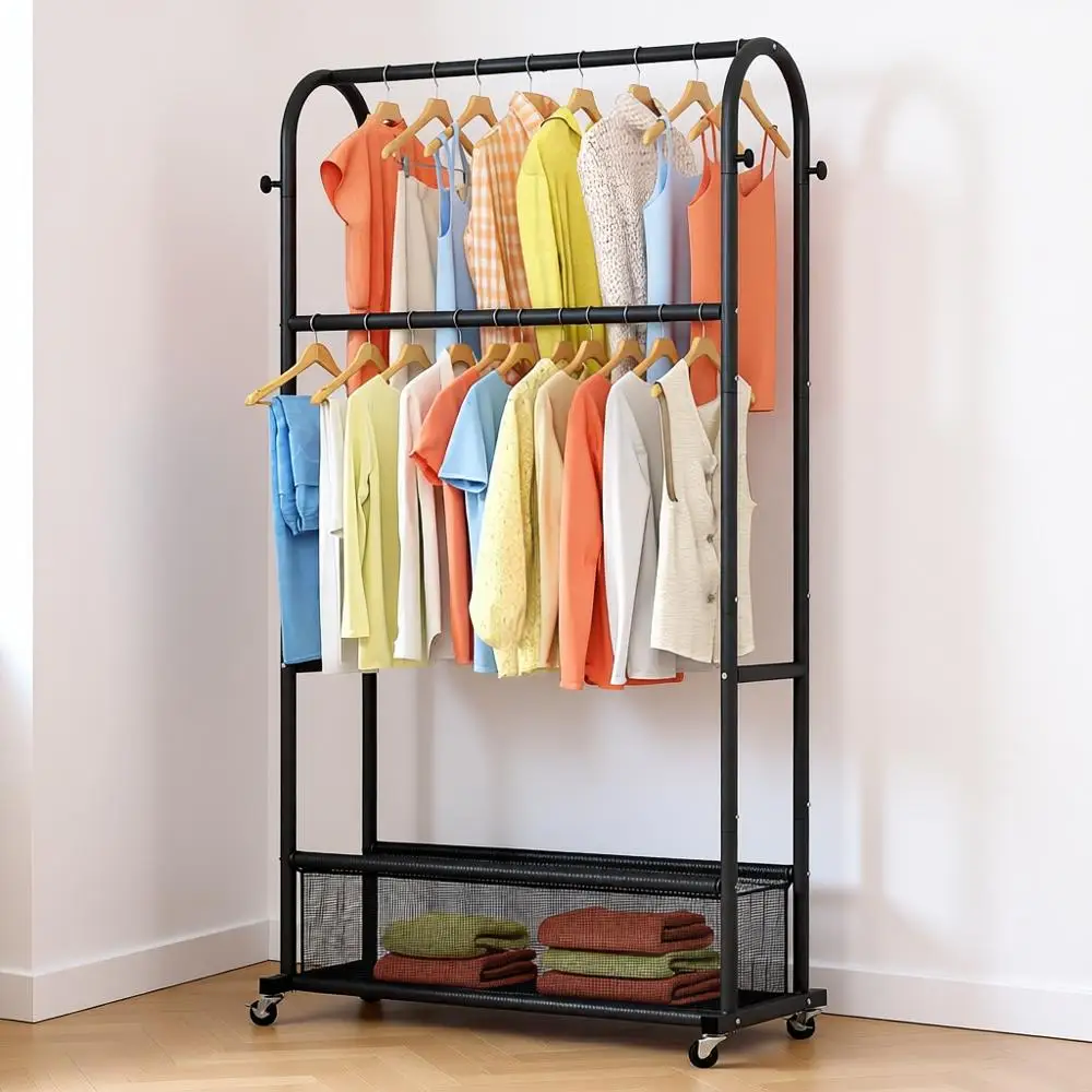 

Double Rods Clothing Rack with Wheels, Clothing Organizer, Hanging Clothes, Coat, Scarves, Bags, Multi-functional Bedroom Garmen