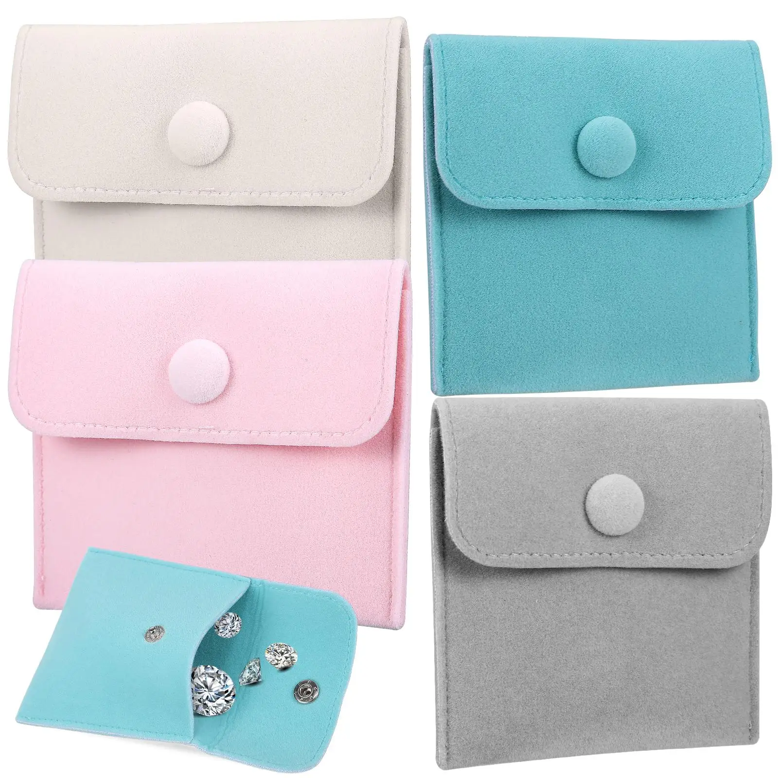 

4 Pcs Jewelry Storage Bag Velvet Gray Pink Small Snap ganizer for Necklace Ring Bracelet Watch Travel Gift Packaging