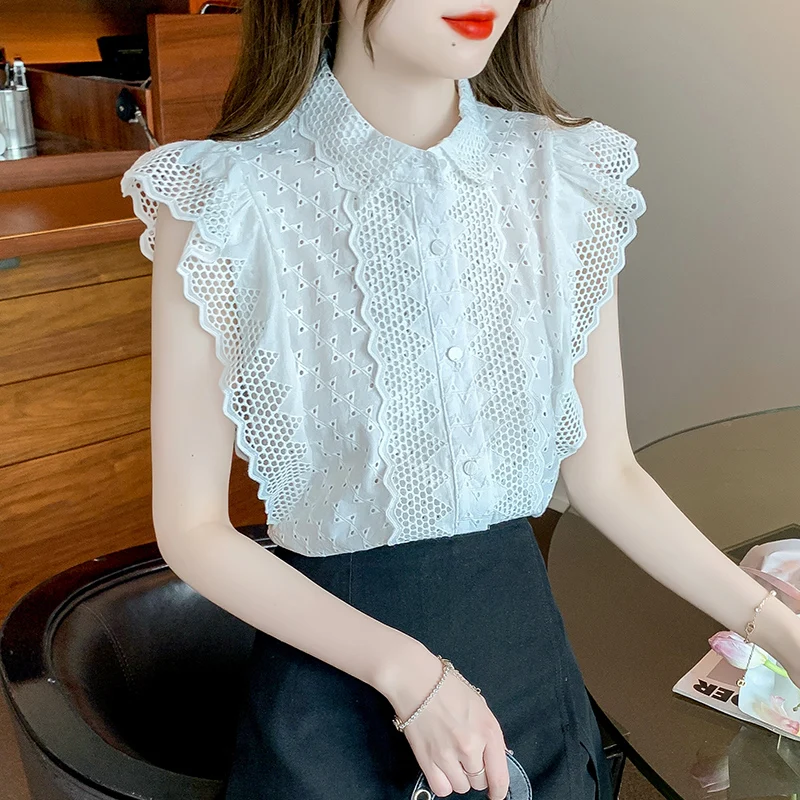 Elegant Fashion Flying Sleeve Blouses Women Korean Lace Hollow Out Blusas Mujer Summer Sleeveless Button Shirts Embroidery Tops