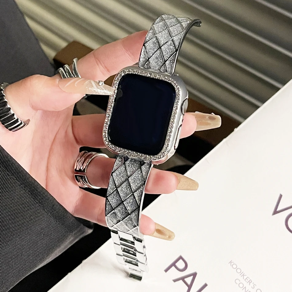 Luxury Glitter Rhombus Metal Strap For Apple Watch Band S10 9 8 7 6 SE 5 4 3 38/40/41/42/44/45/46/49mm IWatch Ultra 2 Bracelet