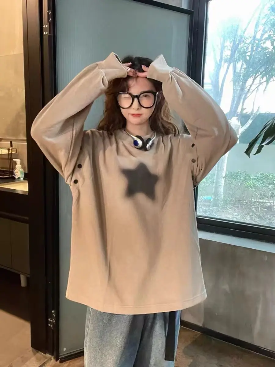 Sweat-shirt femme hauts Patch tridimensionnel coutures délavées contraste couleur kaki Ol Slouchy vêtements d'extérieur de noël