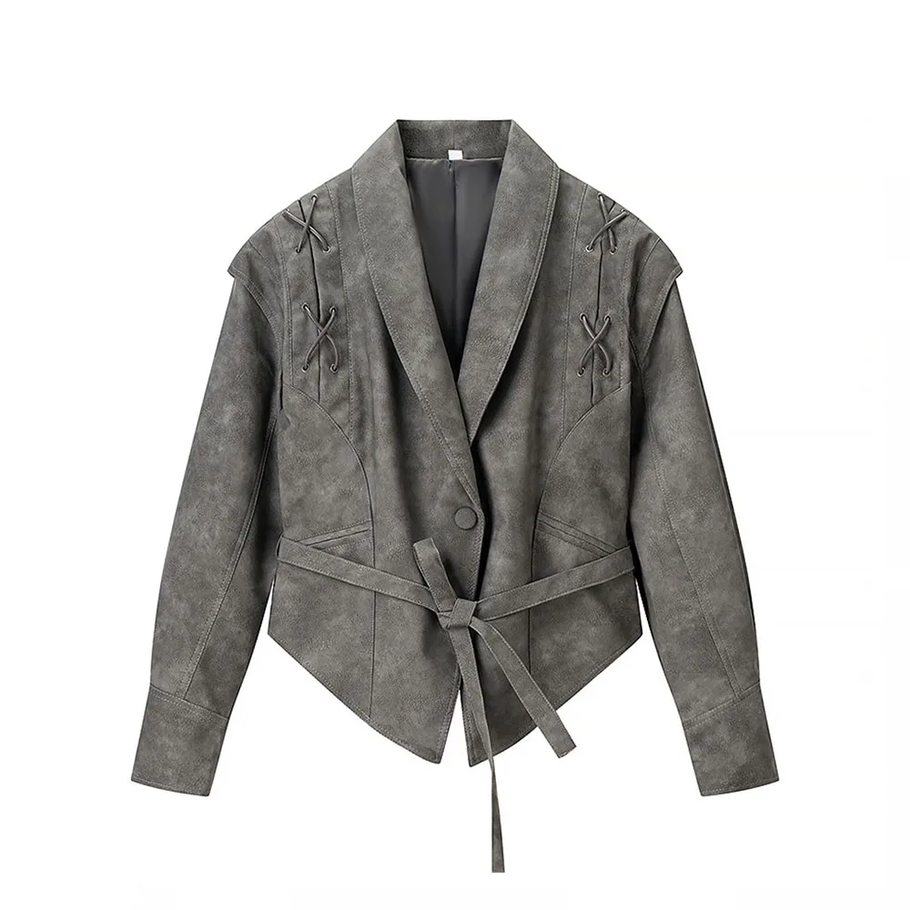 

Зимняя новая женская одежда, модная и универсальная серая кожаная куртка в стиле ретро