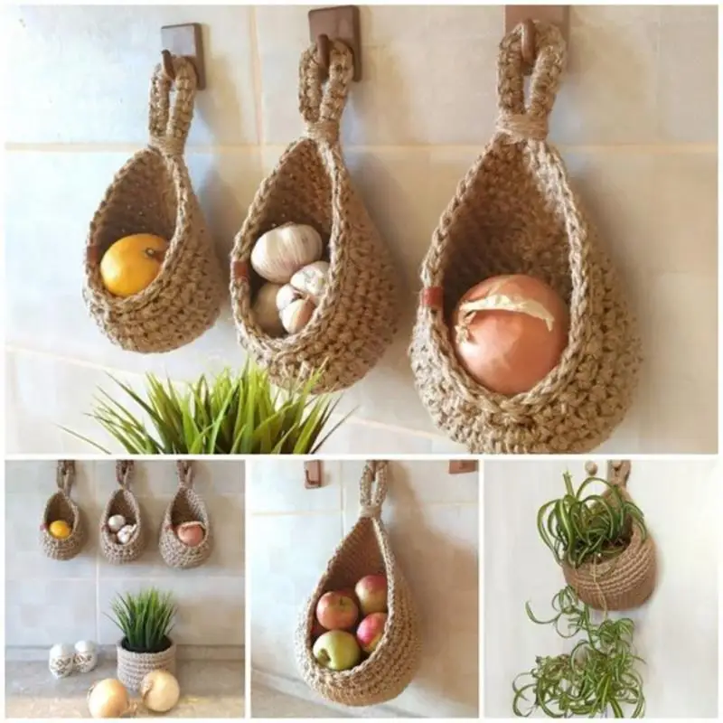 1PC Hand-woven Basket Wall Kitchen Hanging Net Pocket Cotton Rope Water Drop Fruit Vegetable Storage Basket Home Organizer Tools