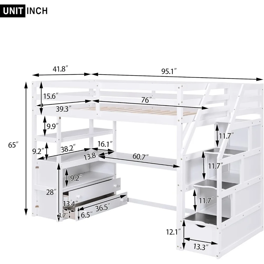 Twin Size Stairway Loft Bed with L Shape Desk, Shelves, Two Tier Drawers and Storage Staircase, White