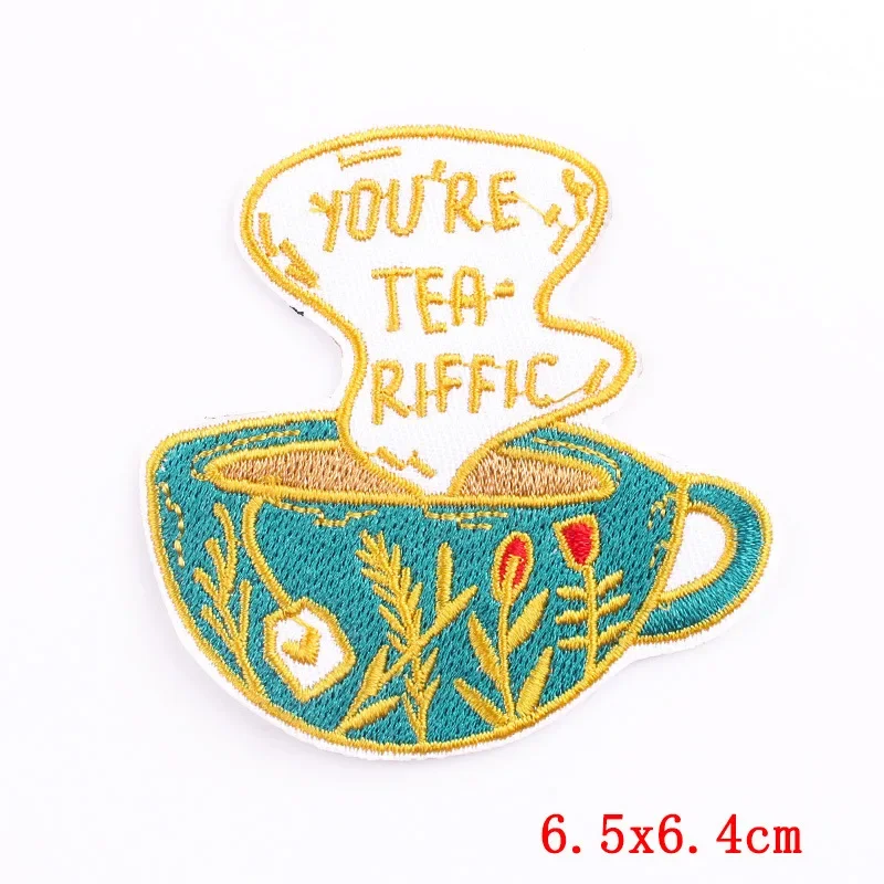 Iron On Patches for Clothes Coffee Cup Clothing Stickers Fabric Sewing Embroidered Patch Thermal Adhesive Applique Fusible Badge