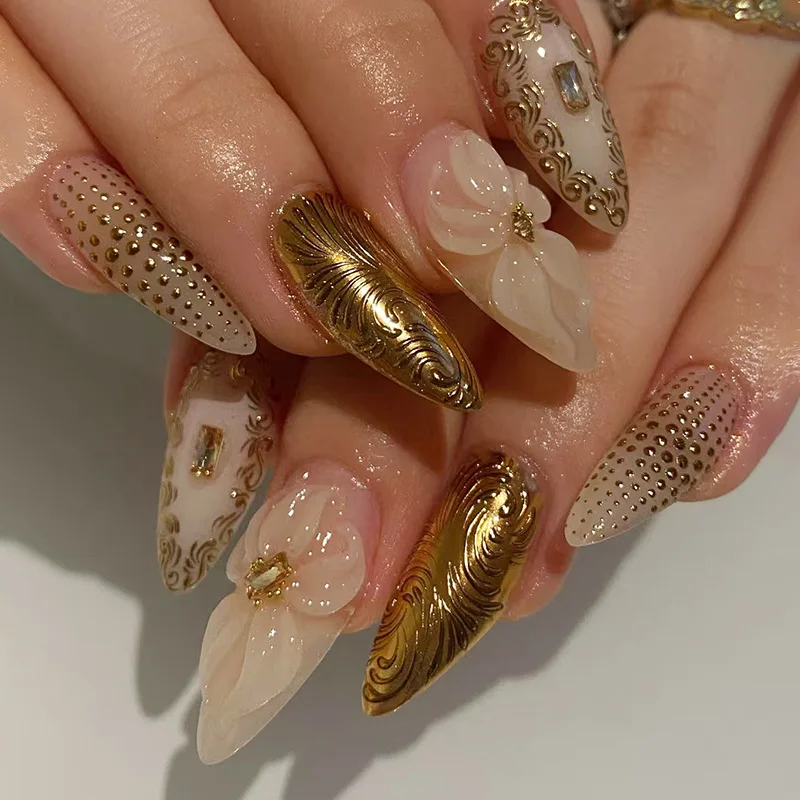 24Pcs Gilded Lines Aurora False Nail Pearl Design Reusable Long Almond French Nails Sets Press on Green Smudge Fake Nails Tips