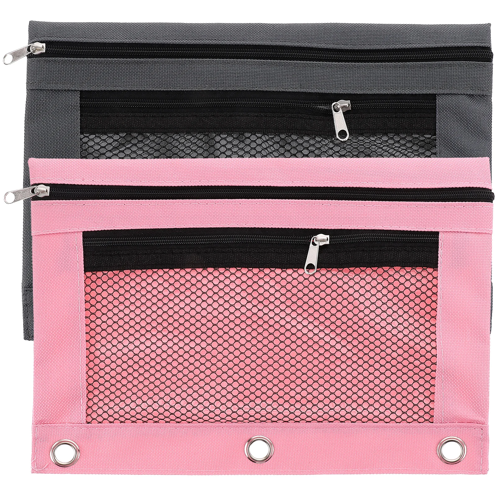 

2pcs Double-layer Oxford Cloth Pencil Bags with Transparent Mesh Binder Pen Holders for Office School Supplies Gray Pink