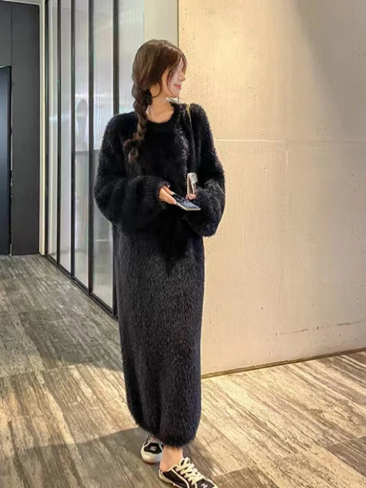 Women's Sweater Dress Autumn Winter Korean Edition Lazy Knitted Commuter Mid Length Loose O-neck Underlay Mimetic Mink Dress