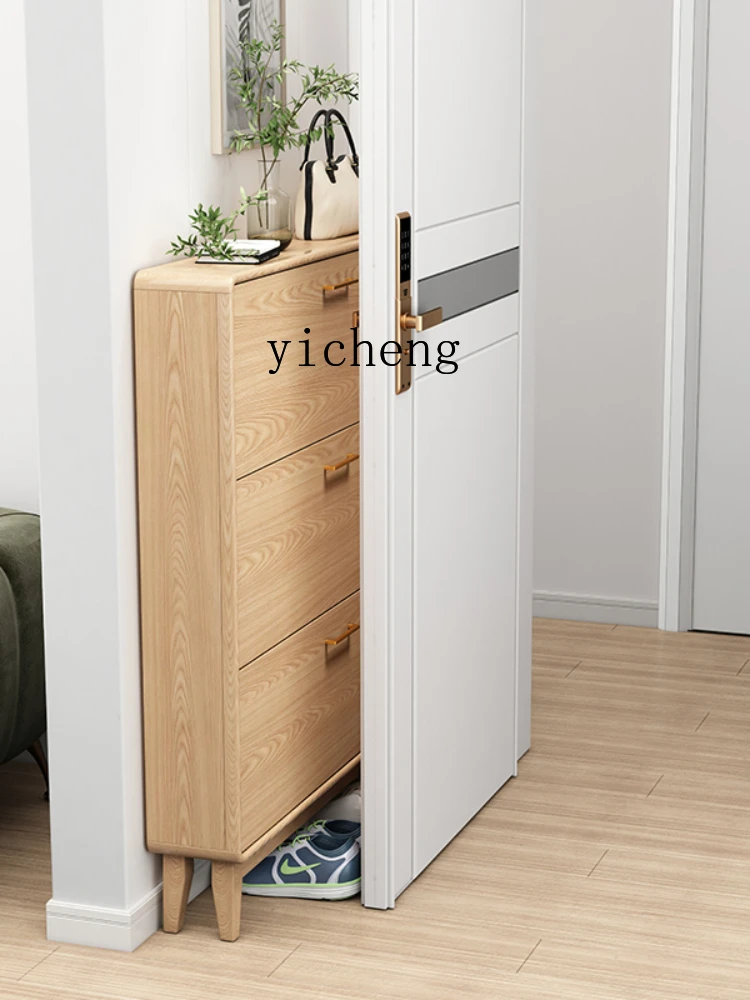 XL Solid Wood Tilting Shoe Cabinet with Hanger Home Doorway Door Entrance Cabinet Multi-Functional Ultra-Thin Cabinet