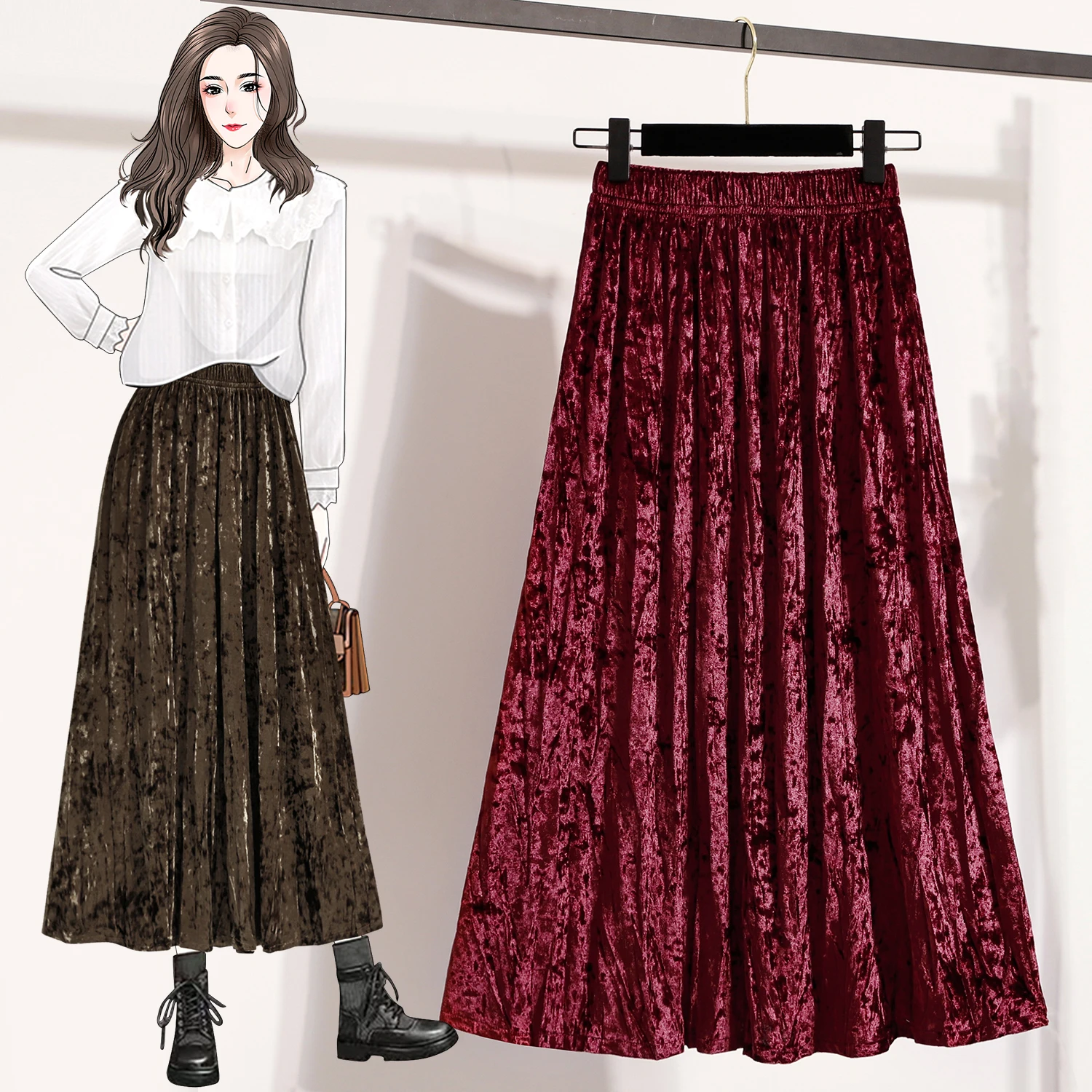 AutumnWinter Women Pleated Velvet Skirt Casual Solid Color Elastic High Waist A-line Evening Party Midi Long Skirt