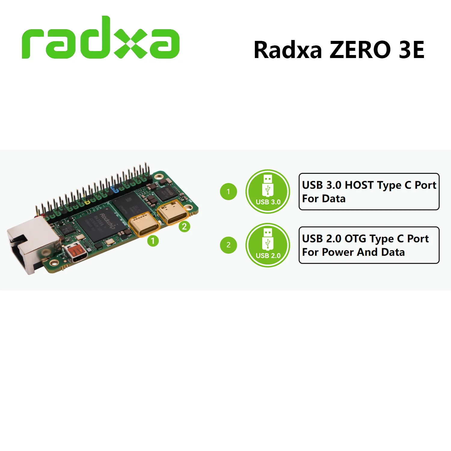 Placa de desenvolvimento Radxa ZERO 3E, Braço Quad Core, RK3566®Córtex córtex™SBC minúsculo com Ethernet Gigabit, Micro HDMI, 1080P @ 60fps,-A55