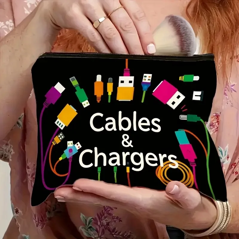 Black Tech Icon Cable Organizer Bag, Durable Foldable Travel Case for Power Banks & Cables