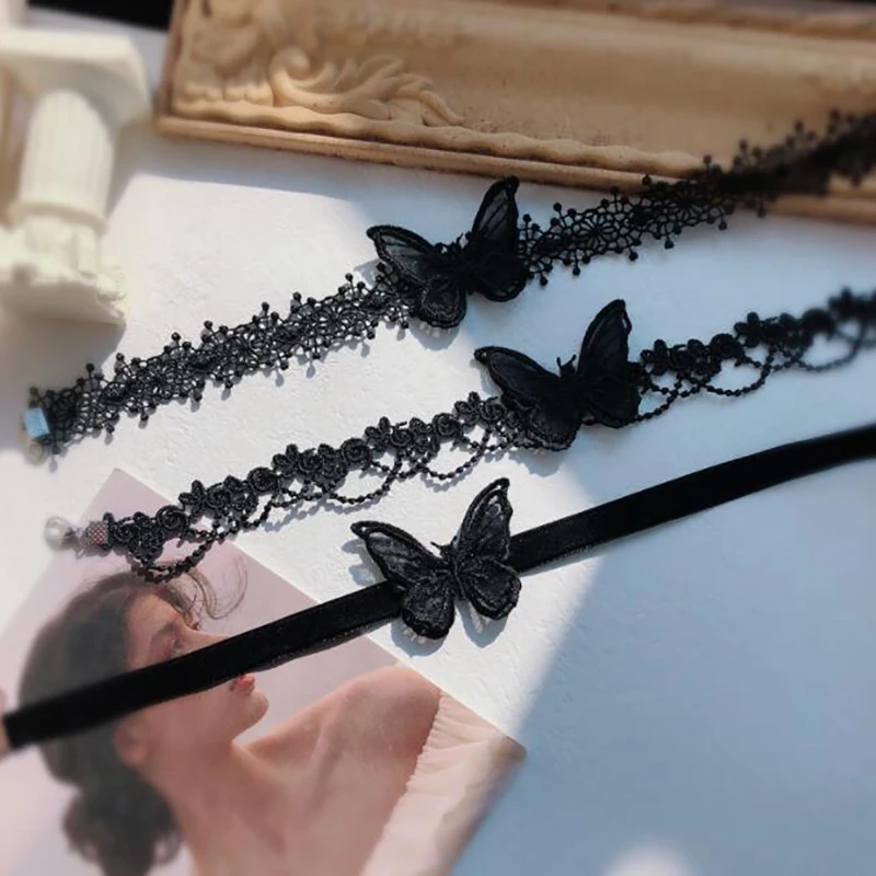 Fashion Gothic Black Butterfly Lace Necklace For Women Elastic Velvet Flower Petals Vintage Punk Choker Chain Jewelry Gifts