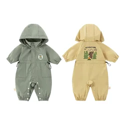European Style Spring Autumn Hooded Baby Romper Windbreaker Utility Outfit Waist-cinching Double Layer A-class