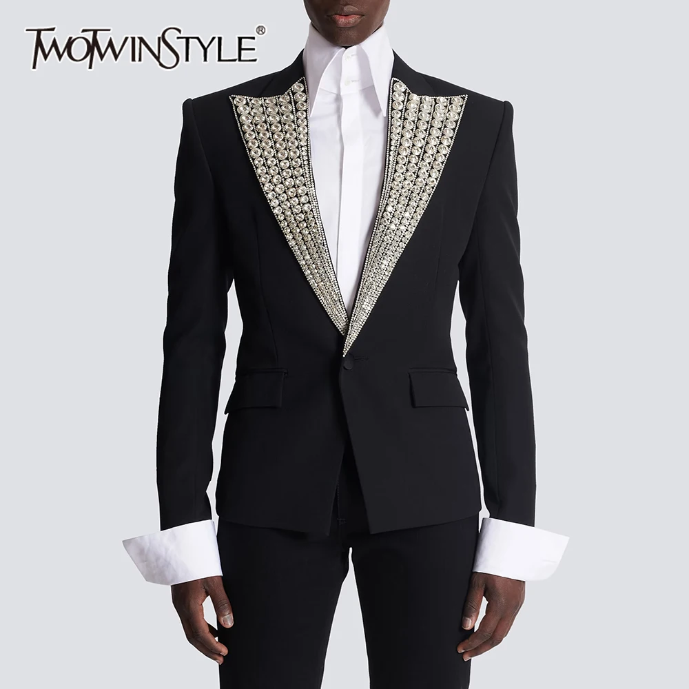 

TWOTWINSTYLE Solid Spliced Diamonds Chic Jackets For Women Lapel Long Sleeve Tunic Temperament Coats Female Fashion Style New