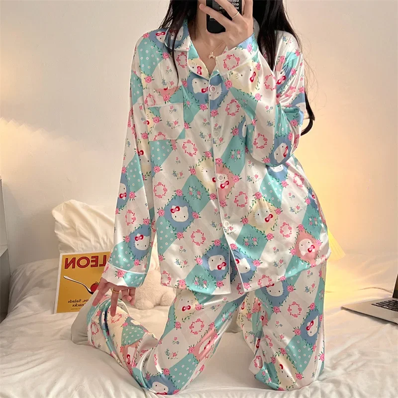 Sanrio Hello Kitty Pajama Set Women Loose Comfortable Long Sleeve T-shirt Cute Cartoon Home Clothes Kawaii Gift 2pcs 1set