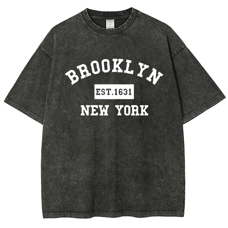 

DY Brooklyn EST. 1631 New York Letter Print Man Casual Washed T-Shirts Summer Cotton Tops Fashion Breathable Tee Loose Clothing