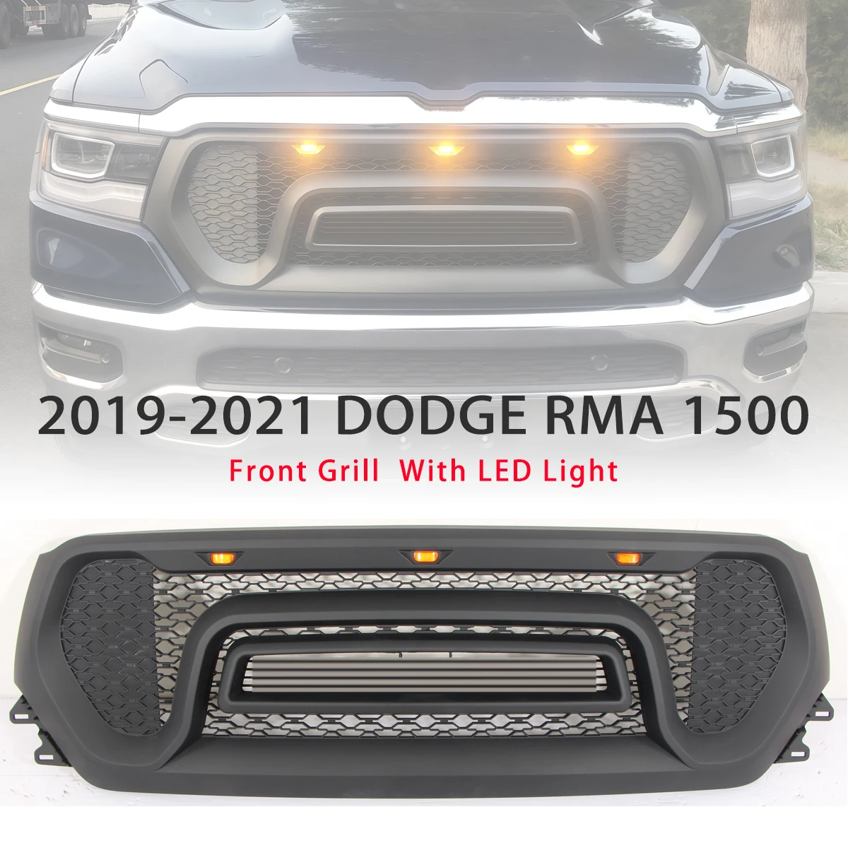 

Black Front Grille Honeycomb Style Fit For 2019-2020 Dodge Ram 1500 With Led Lights