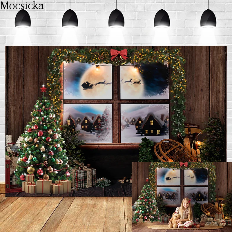 Mocsicka Christmas Background For Photography Backdrops Snow Window Tree Baby Portrait Photographic Party Decor Photo Studio