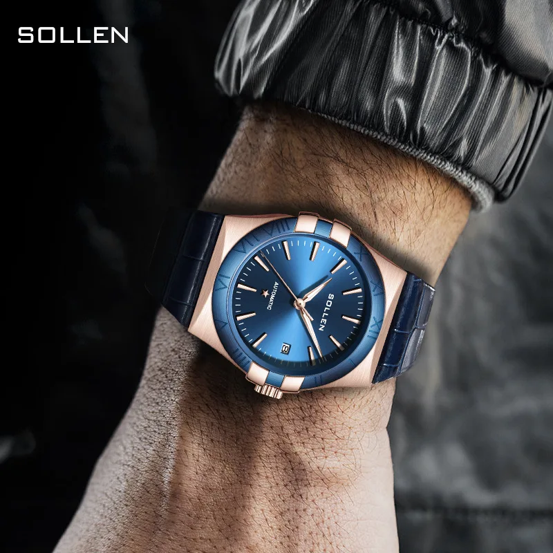 SOLLEN العلامة التجارية الفاخرة اليابان ميوتا حركة التلقائي الميكانيكية ساعات رجالية مضيئة مقاوم للماء موضة تاريخ السيارات ساعة جلدية