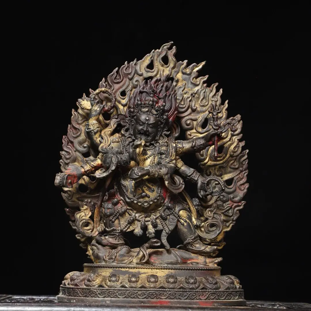 Tibetan brass gilt painted face antique six-armed Mahagala Buddha statue of the God of Wealth Home Hall supplies ornament 30cm