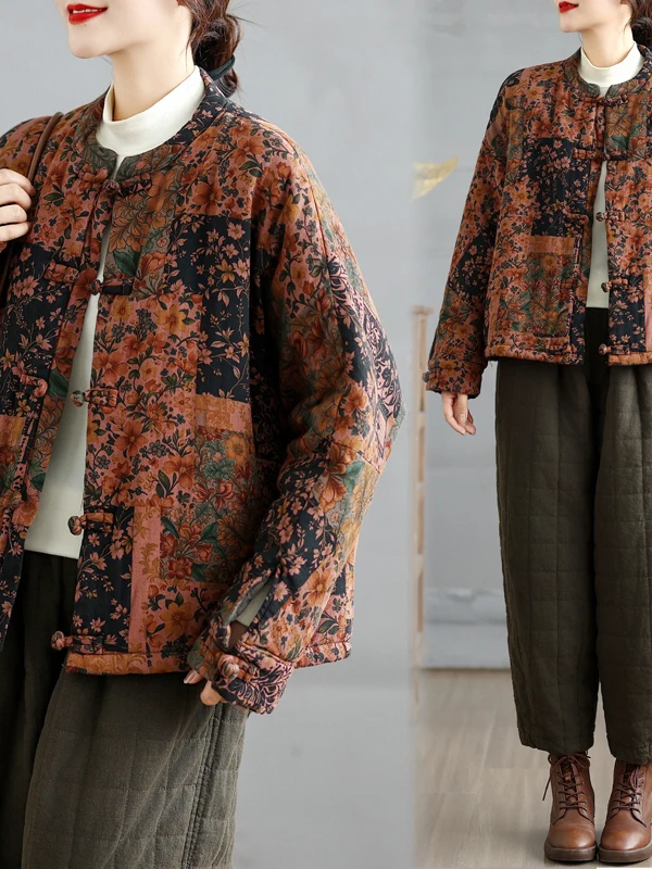 

Retro Chinese Sle Loose Fit Cotton Jaet with Button Detail Warmth Insulated Large Size Women's Faion Winter Coat