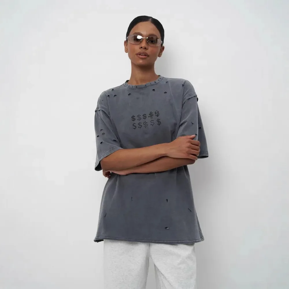 Americano retro velho solto em torno do pescoço mangas curtas verão nova personalidade moda corte lavado impresso camisetas topos