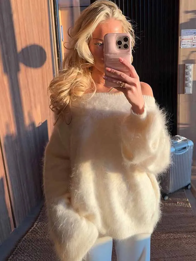 

Elegant Mohair Off Shoulder Sweater Women's Loose Solid Knitted Long Sleeve Slash Neck Pullover Fashion Warm Street Lady Jumper