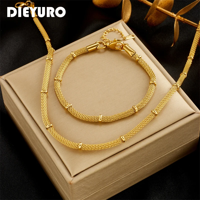 DIEYURO 316L Stainless Steel Gold Color Thick Chain Necklace Bracelets For Women Girl Fashion Non-fading Jewelry Set Accessories