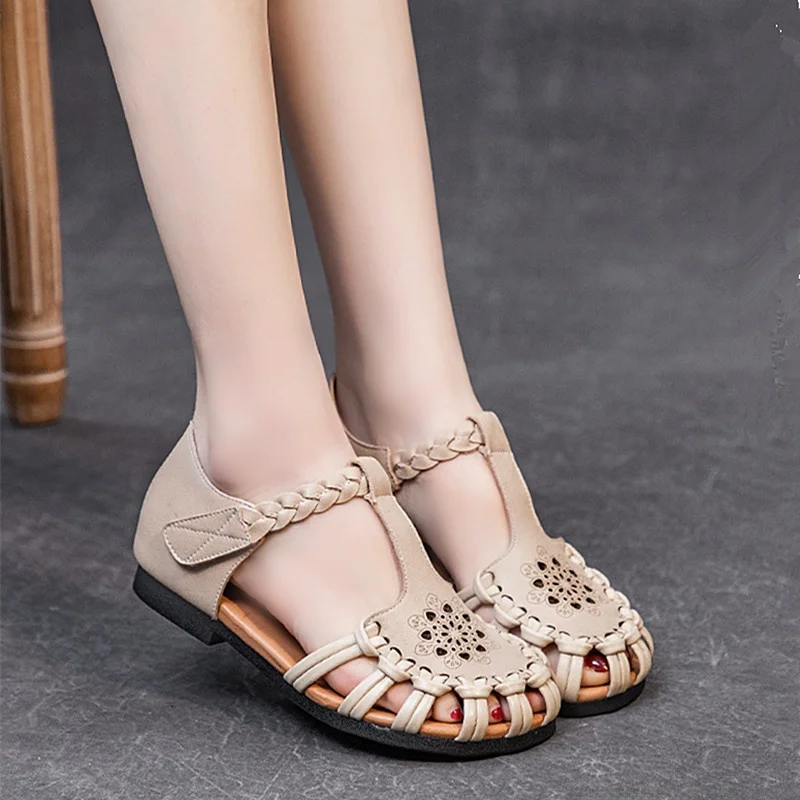 Roman Style Flat Bottom Woven Toe Covering Summer New Women's Sandals Breathable Hollow out Design Genuine Leather Shoes