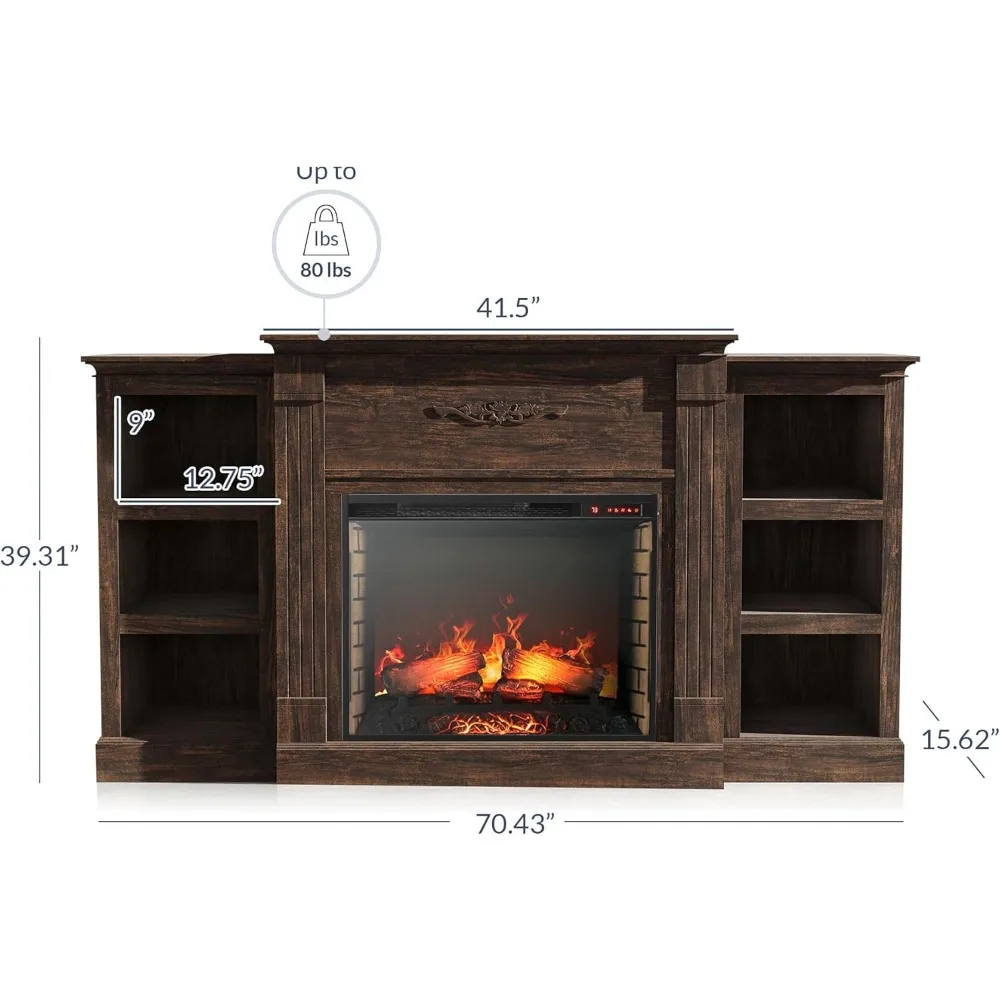 Consola multimedia para chimenea eléctrica contemporánea de 70 con calefacción eficiente para televisores de hasta 68