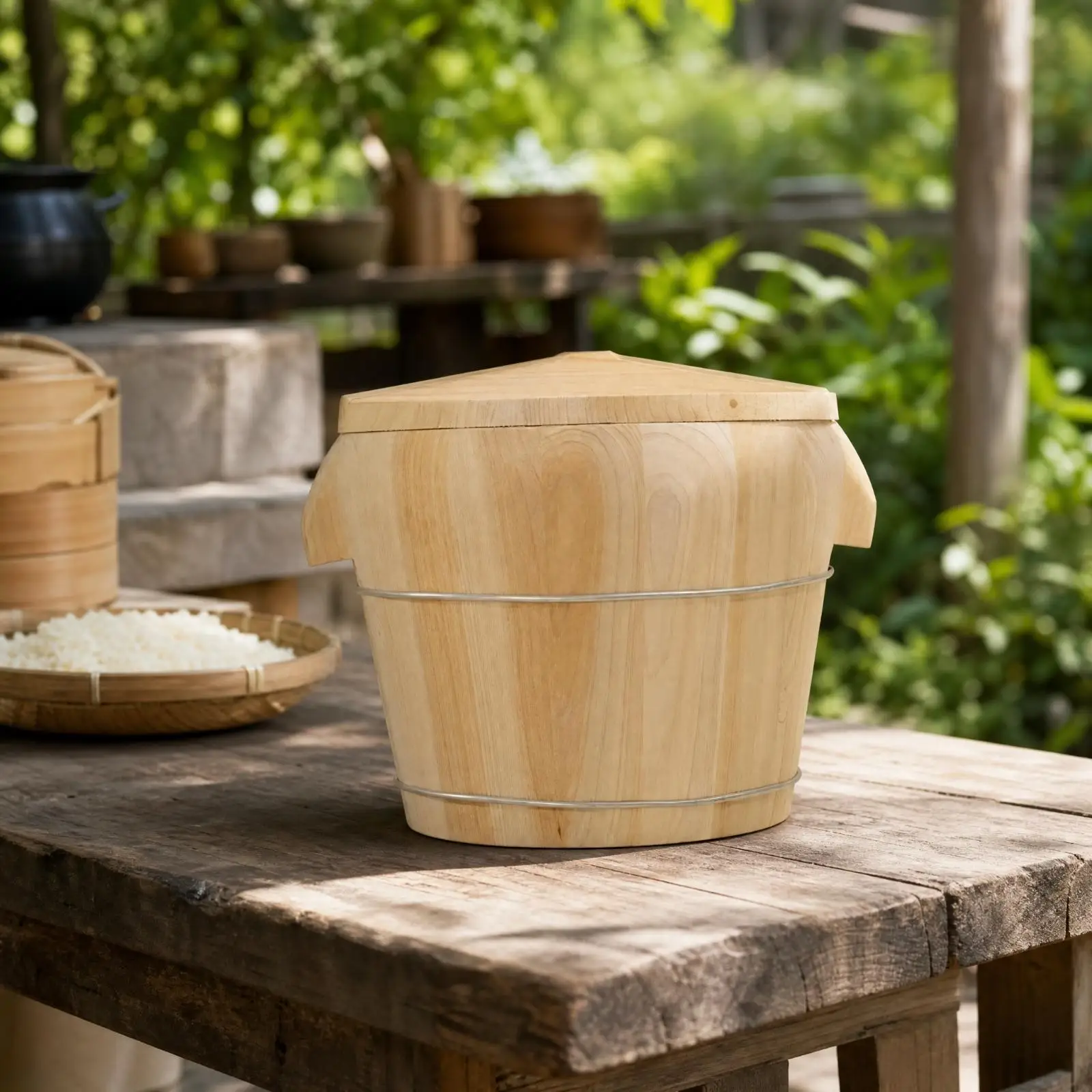 Steamer Pot for Cooking Rice Wooden Bucket with Lid Fir Wood Material Round Tapered Design with Side Handles for Household