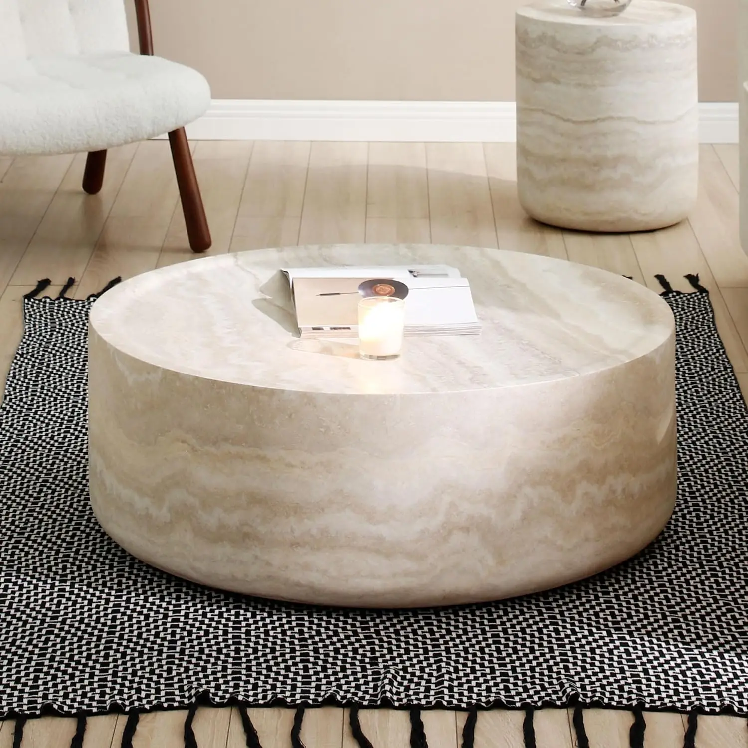 Round Coffee Table Modern Marble Grain Drum Coffee Table Circle Fiberglass Table Side Table End Table Accent Center